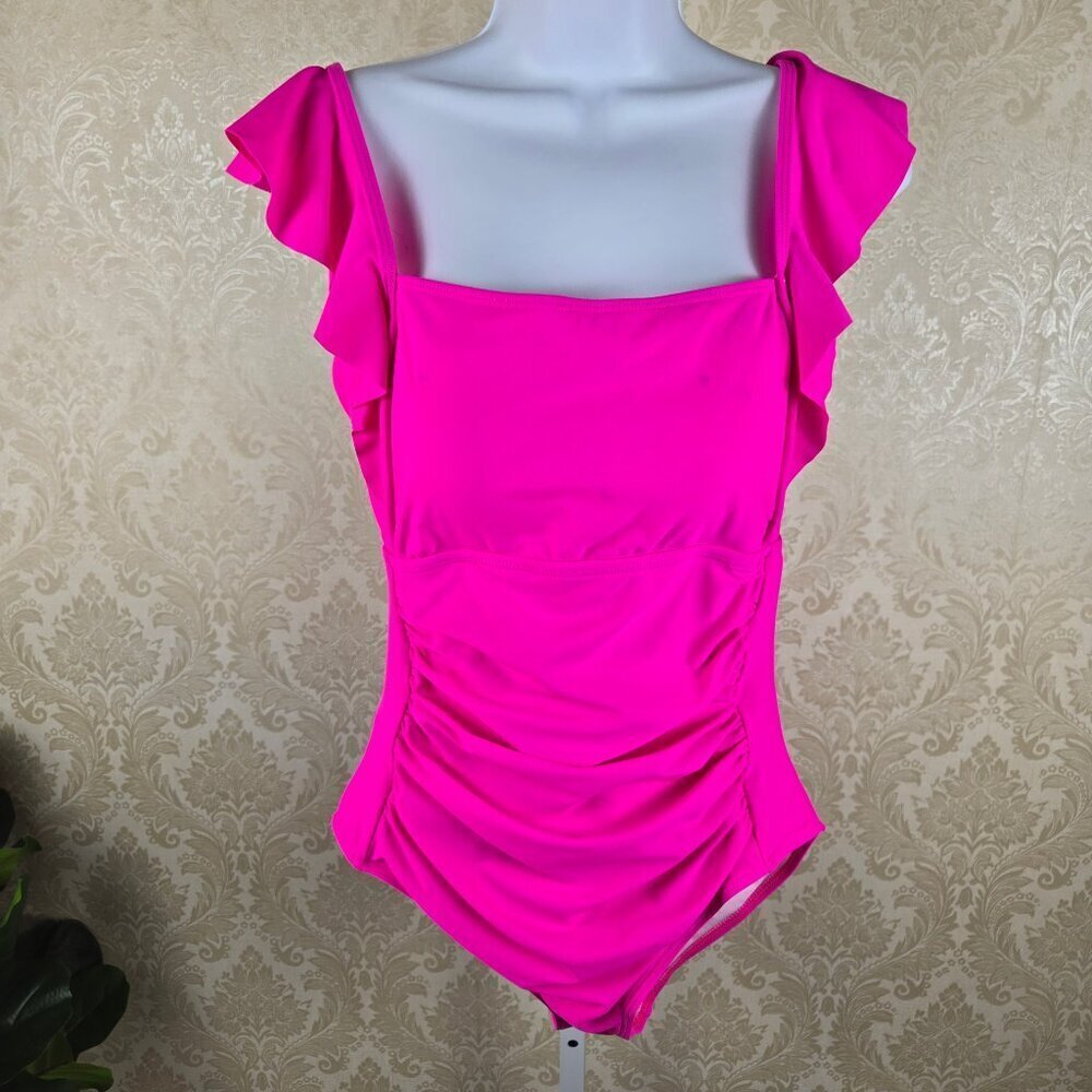 Eomenie Size Medium Hot Pink One Piece Swimsuit Ruffle Ruching Adj Straps NWT